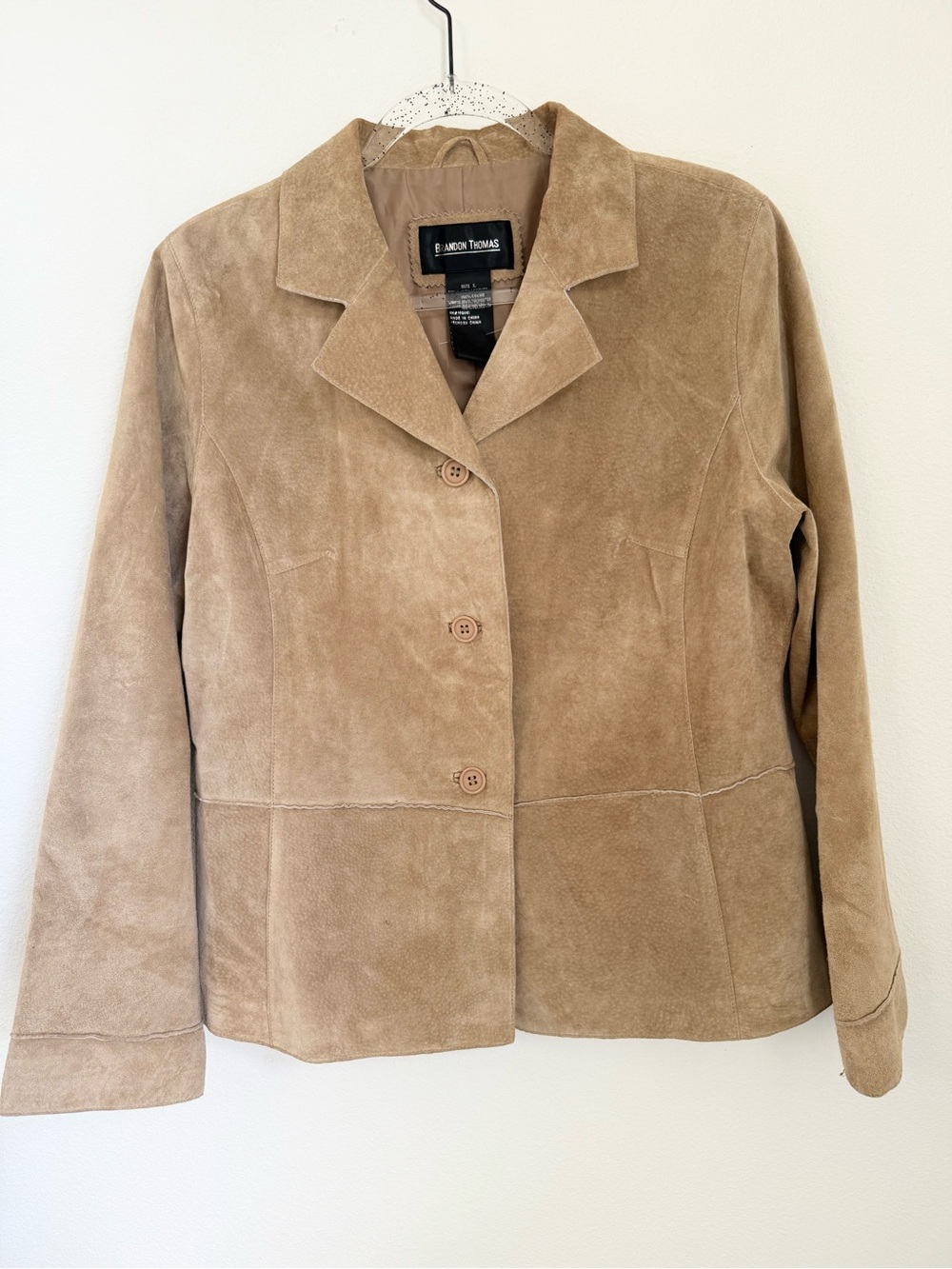 Brandon Thomas Suede Leather Jacket Womens Size L Beige Button Front Lined